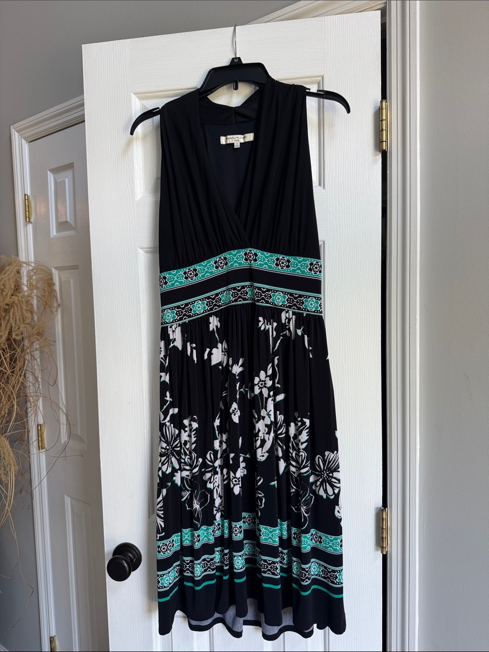 Evan Picone Black Midi Dress with Teal Banding and White Floral Print